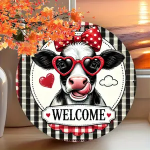 Rustic Round Iron Wall Decor Sign with Cow Design Farmhouse Welcome Plaque for Home Garden Patio Porch Durable UV and Scratch Resistant Metal Wall Art Hanging Decoration Diameter