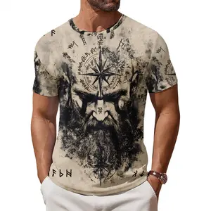 Vintage Beige Washed Viking Warrior Compass Norse Rune All Over Print Tee | 230gsm Heavyweight Norse Myth Streetwear, Men Exclusive Loose Wide Shoulder Fit, Premium Cotton Casual Graphic Top For Viking Culture Male Fans