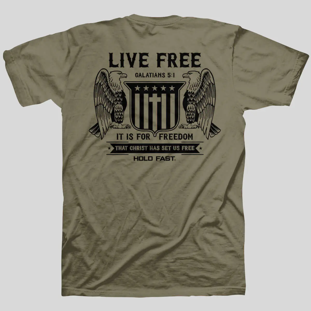 Men's Religious T-Shirt with 'Live Free' Eagle Graphic, Casual Patriotic Christian Faith Short Sleeve Top in Putty 100% Cotton with Stitched Hem, Menswear, Sleeves, Shortsleeve, Tshirt, Eagle Print, Round Neck, Slogan, Christian Quote