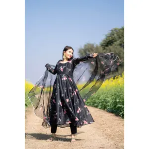 Black Floral Printed Anarkali