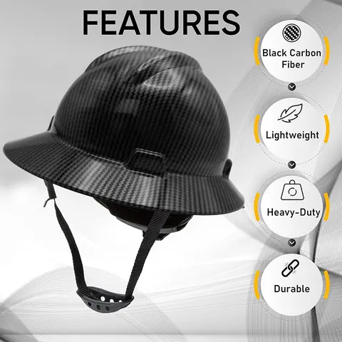 Matte Black Full Brim Hard Hat - Unisex Handcrafted Carbon Fiber OSHA Certified Durable Safety Helmet with Buckle, Printed Watermark, Work Accessories for Adult Blue-Collar Workers, Contractors, Cyclists