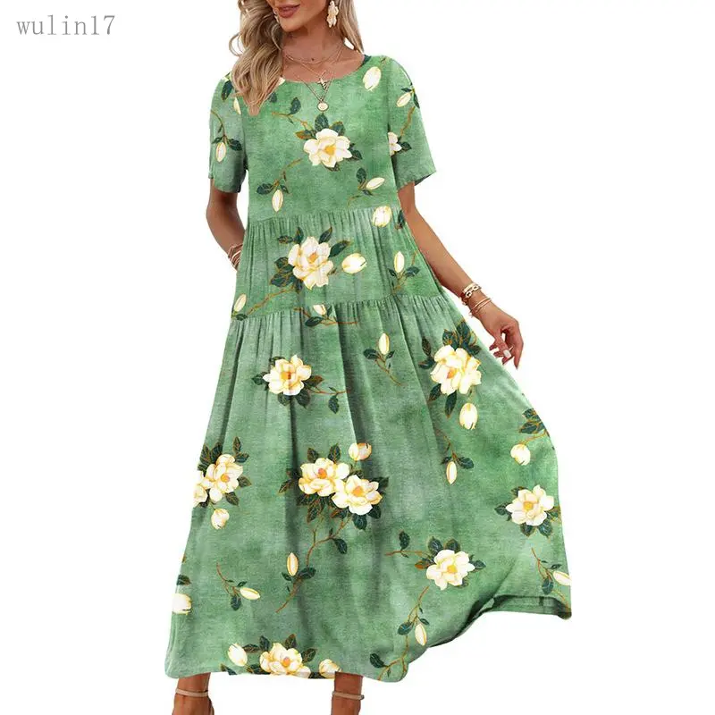 Women's 2026 Cotton Short-Sleeve Tiered Floral Printed Hippie Bohemian Maxi Dress - Comfortable, Lightweight, Loose Casual, Pockets, Sexy, Day Wear, Maternity Summer Beach Dress, Shortsleeve, Skirt