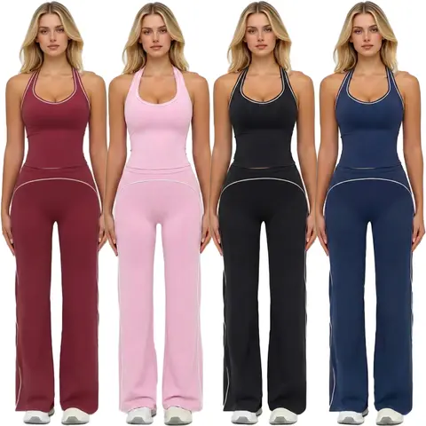 Women's 2-Piece Quick Dry Breathable Athleisure Workout Set - H-Shaped Back Workout Top, Comfy Bell-Bottom Pants, Woman 2 Piece Set for Yoga, Pilates & Daily Casual