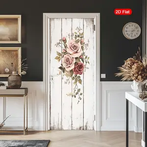 2D Flat Rustic Roses Door Art Stickers, Vintage Floral Sticker Decoration, Soft Pastel Self-Adhesive, Garden Motif Wall Decor, Home Decor, Wall Decal