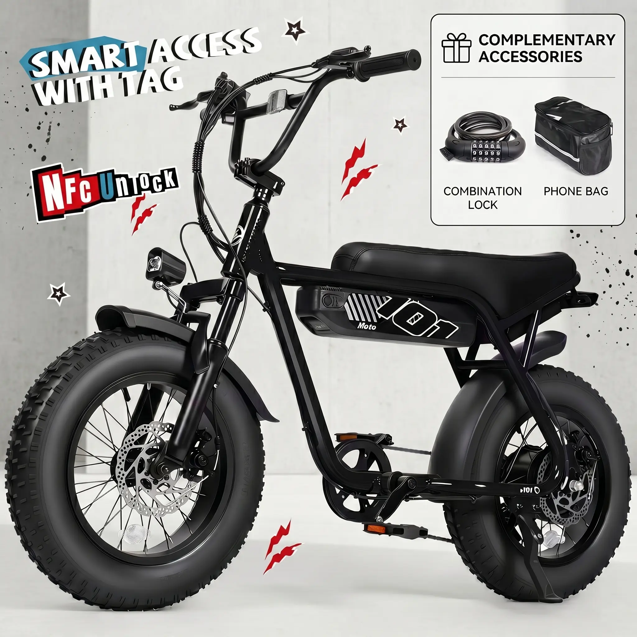 ESKUTE V101 Moped Style Ebike for Adults - 1500W Peak Fat Tire Electric Bicycle, 28MPH Commuter Ebike, 48V 13Ah Battery, NFC Unlock, Dual Suspension, Included Phone Bag & Combination Lock, Ebikes