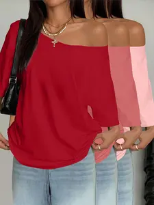Women's Plus Size Asymmetrical Shoulder Top Set, 3-Piece Fashion Short Sleeve Solid Blouse, Casual Daily Wear, Thin Fit Long Clothing