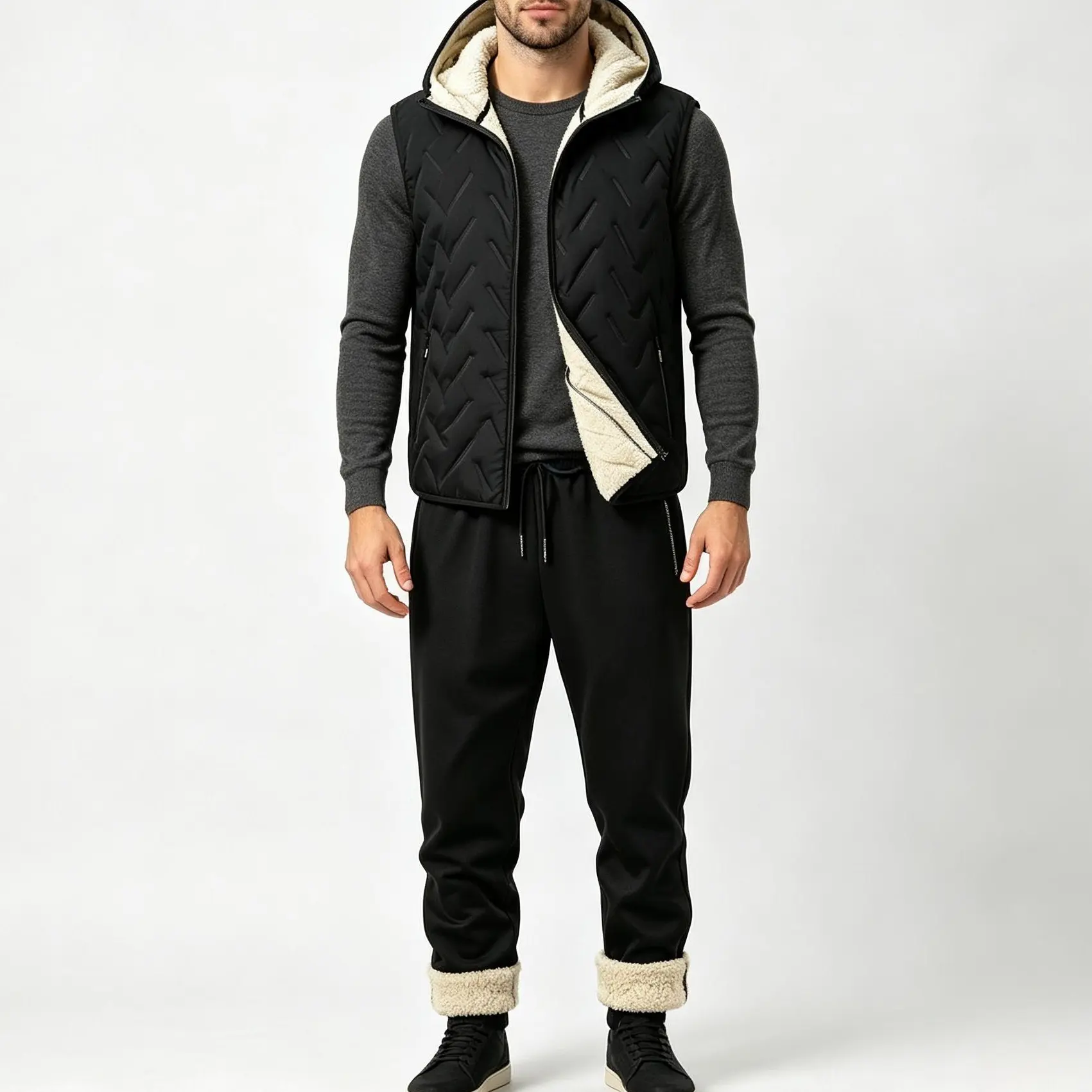 Men's 2-Piece Autumn-Winter Hooded Fleece Waistcoat & Thick Long Pants Set - Sleeveless Diamond-Embossed Layering Outdoor Menswear