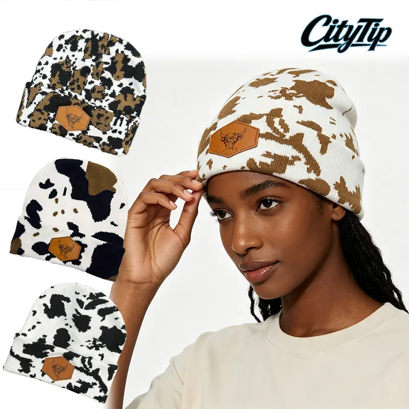 1PC Cow Print Beanie Hat, Multicolor Jacquard Knit Winter Beanie with Rolled Edge, Thick Warm Stretchy Hat for Women & Men, Cute Western Country Aesthetic Streetwear Accessory, Cozy Cold Weather Hat for Daily Wear, Outdoor Activities & Gifts