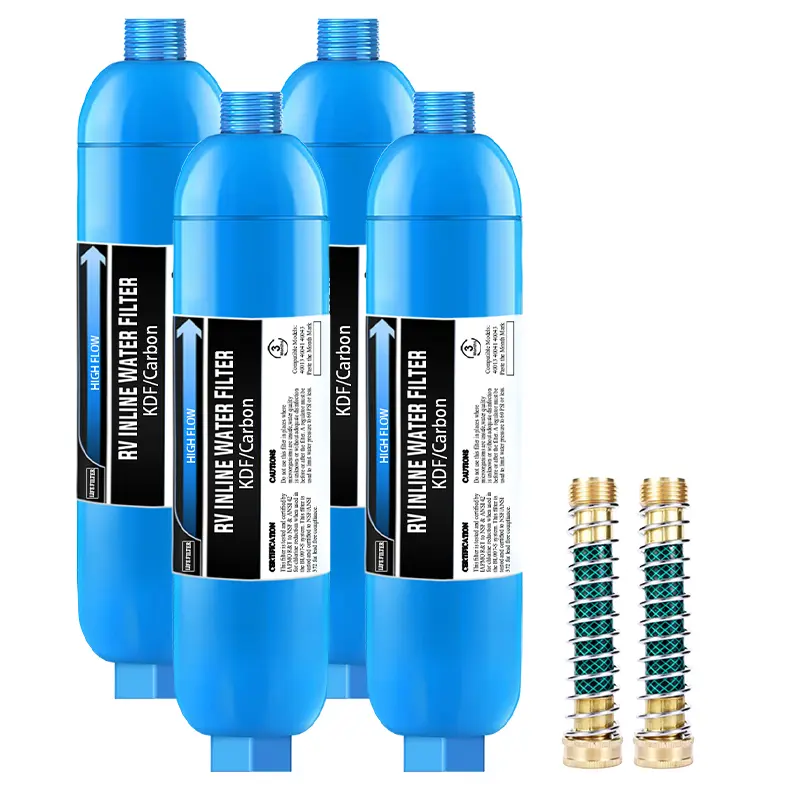 4Pcs RV Water Filters-Granular Activated Carbon & KDF Filtration System,with Hose Protectors,For RVs, Boats, Reducing Lead,Fluoride,Chlorine &Odors