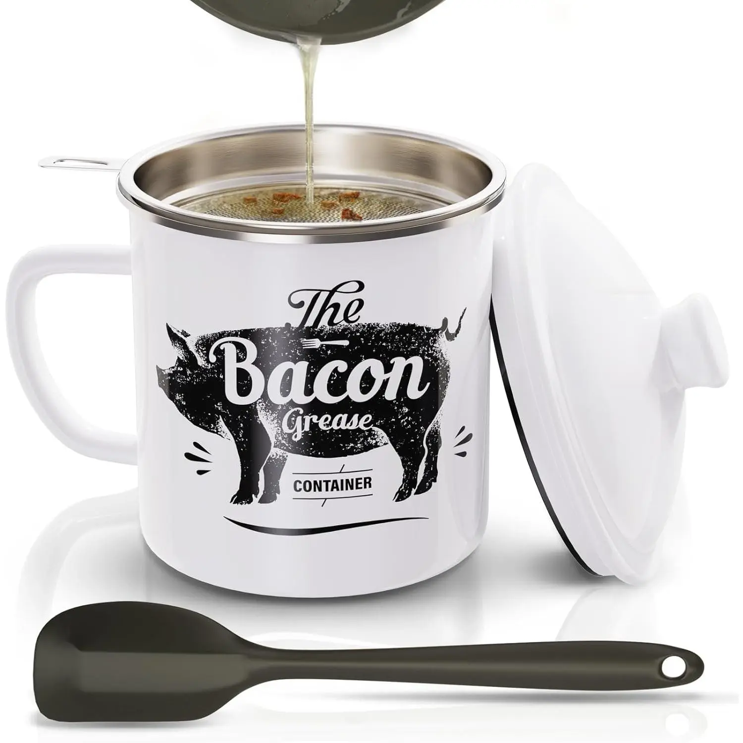 Bacon Grease Container With Strainer, 46OZ Large Enamel Grease Container, With Silicone Spatula, Farmhouse Bacon Grease Keeper, Cooking Oil Container For Kitchen Fat Storage, Dishwasher Safe-White
