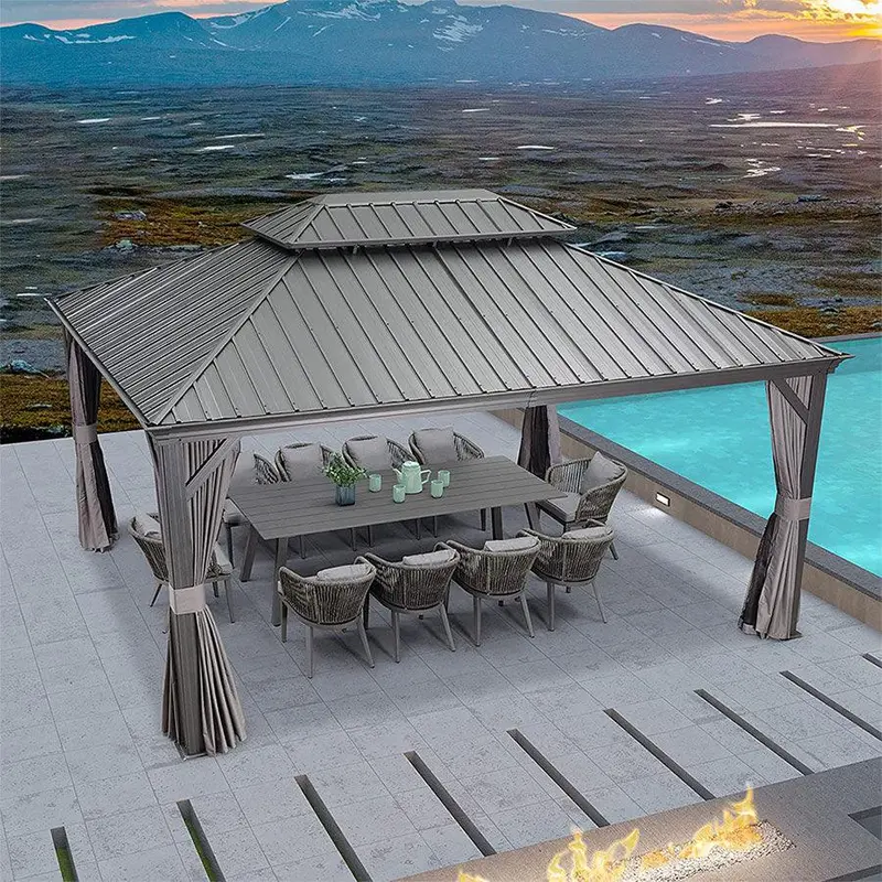 PURPLE LEAF 12' x 16' Patio Gazebo For Backyard | Hardtop Galvanized Steel Grey Frame With Upgrade Curtain