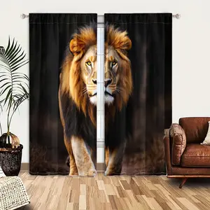 2pcs Window Curtains, A regal male lion with a striking golden and dark mane walks on a dirt path. Its intense yellow eyes look directly ahead.Window Drapes for Bedroom Living Room, Rod Pocket Window Treatment