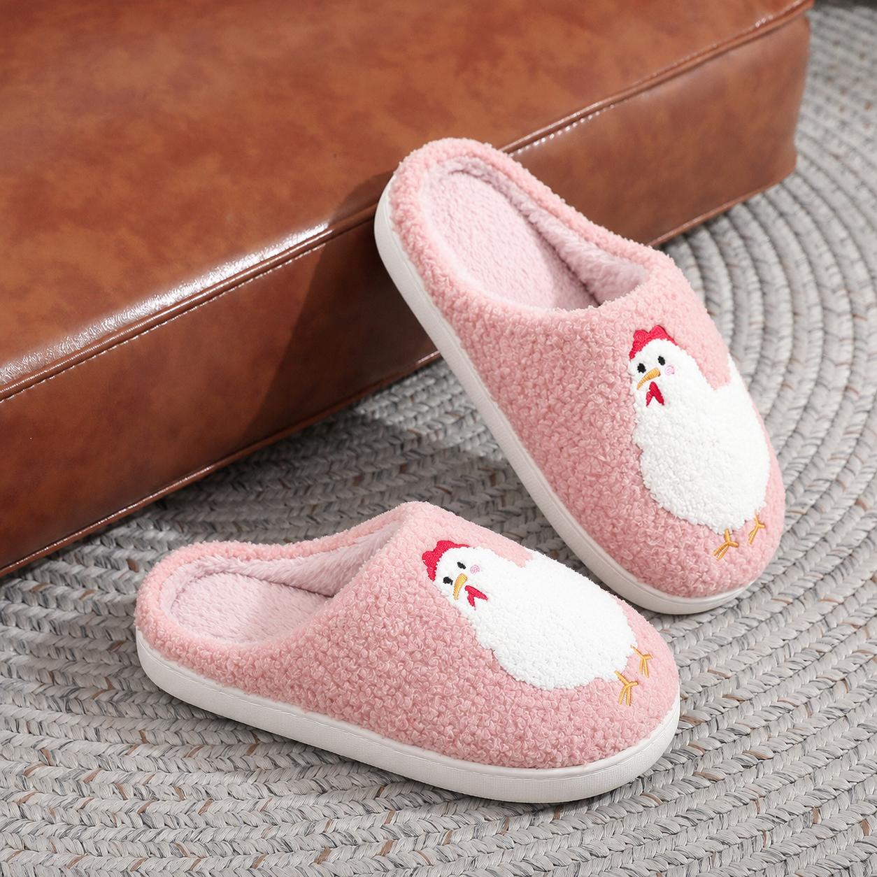Women's Cartoon Chicken Character Style Plush Cotton Slippers - Fuzzy Fabric Flat Fashion Slippers for Women, Warm Cold-Proof Thick Soft Comfortable, TPR Sole, Autumn Winter Lovers' Shoes, Fuzzy Fabric Women's Fashion Slippers