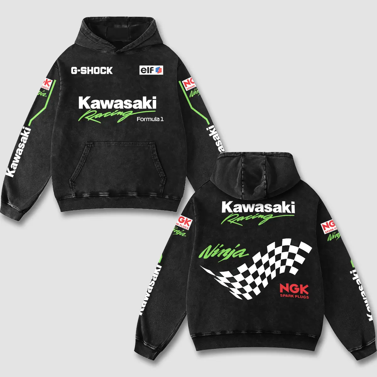 Revion - Oversized Kawasaki Racing Pullover - Acid Wash Black Formula Racing Biker Hoodie - Retro Ninja NGK Motorsport Checkered Flag Style - Premium Heavyweight Unisex Sweatshirt