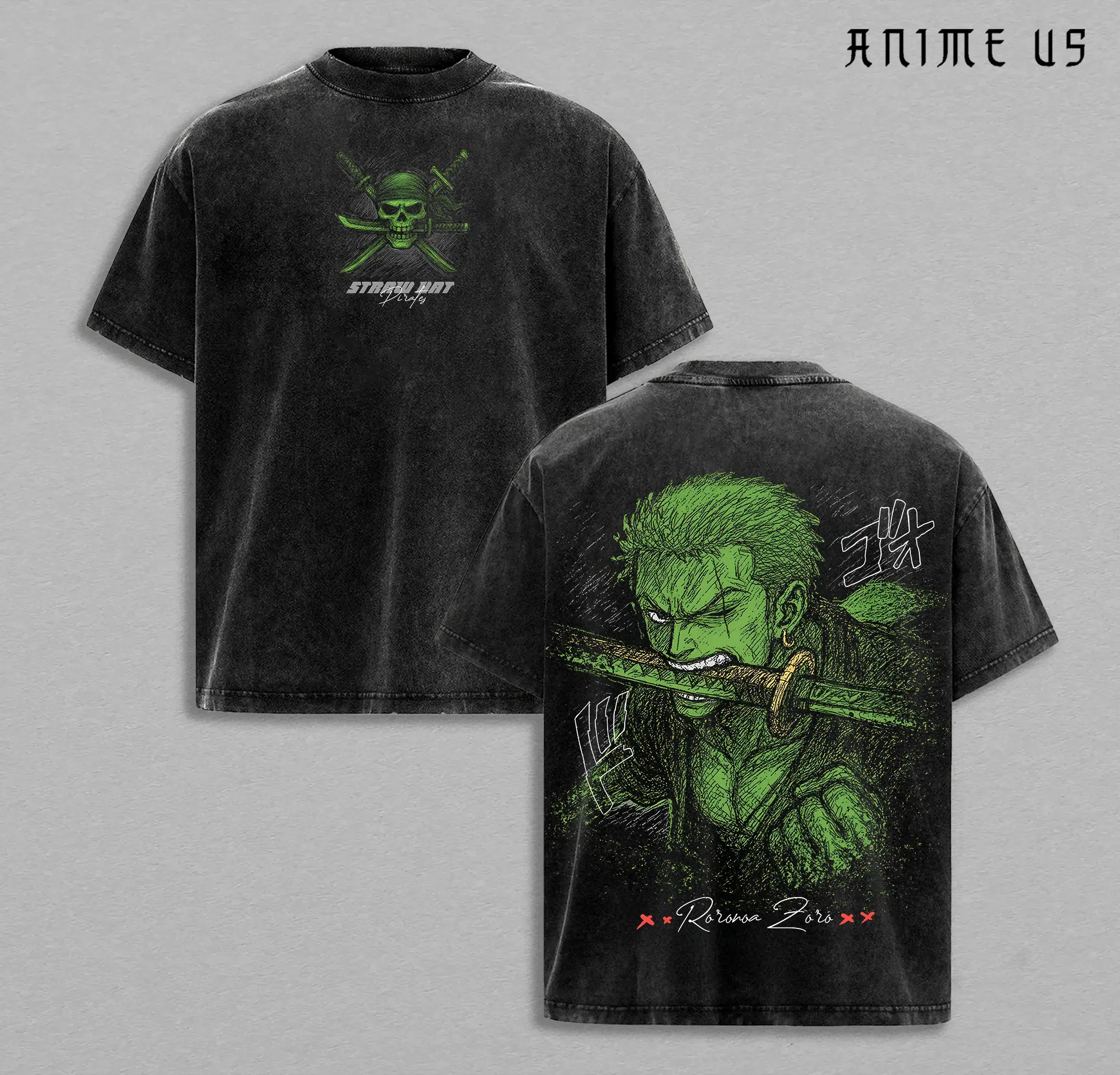 Men's Roronoa Zoro Relaxed Vintage Washed Oversized Premium Cotton T-Shirt, 1-Piece Anime Streetwear, Green Straw Hat Pirate Cartoon Print, All Seasons, Cold Wash, Gift for Anime Fans