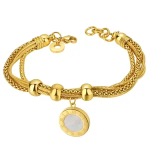 OIDEA Layered Roman Numeral Bracelet for Women and Men, Stainless Steel Chain with Double-Sided Natural Shell Coin Charm, Daily Wear 18cm, 18Cm Chain