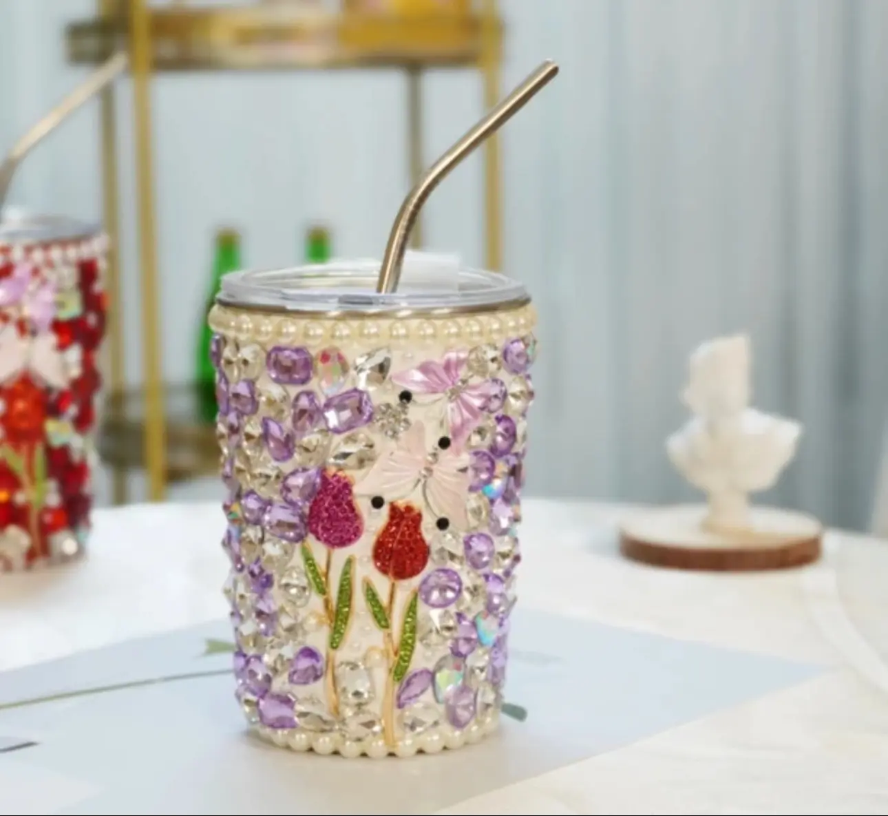 500ml Diamond Cut Crystal Tumbler,Personalized Cup With Lid and Straw,Stainless Tumbler,Gift for her,Reusable Bottle Drinkware,Water Bottles