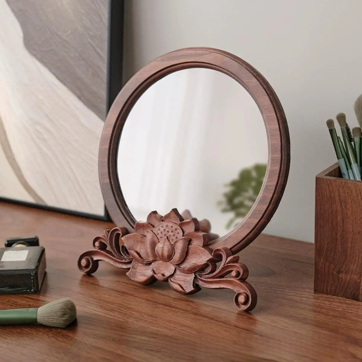 Vintage Wooden Round Dressing Table, Chinese Style Makeup Mirror, Ancient Wind Wedding Bedroom Solid Wood Mirror, Desktop Mirror, Home Decorative Mirror, Circle Mirror, Vanity Mirror
