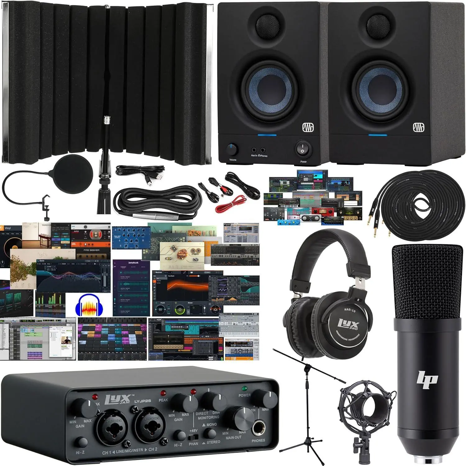 LYXPRO LyxJam 2×2 USB Audio Interface Home Studio Bundle 24-bit/96 kHz with Condenser Mic Monitors Headphones & Shield for Recording