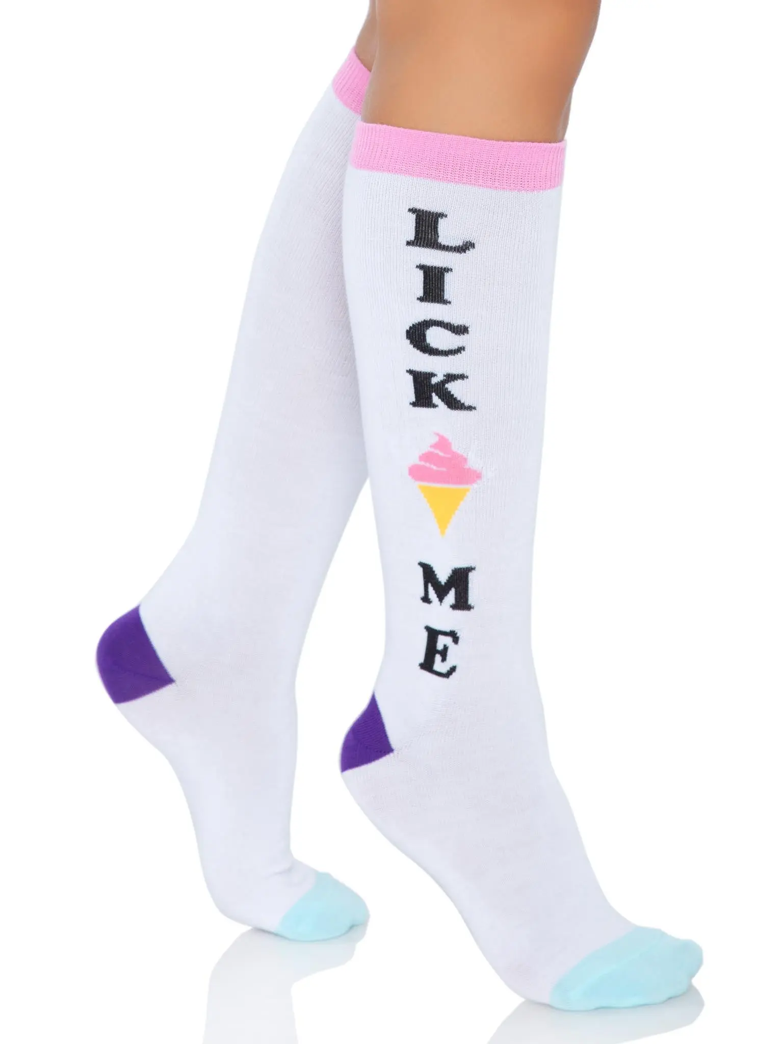 Leg Avenue Women's Ice Cream Comic Print Knee-High Socks - Casual, Funny Cartoon Design, Cute Cone Detail, Elastic Fabric, Soft Longwear Hosiery, Everyday Above Ankle Socks