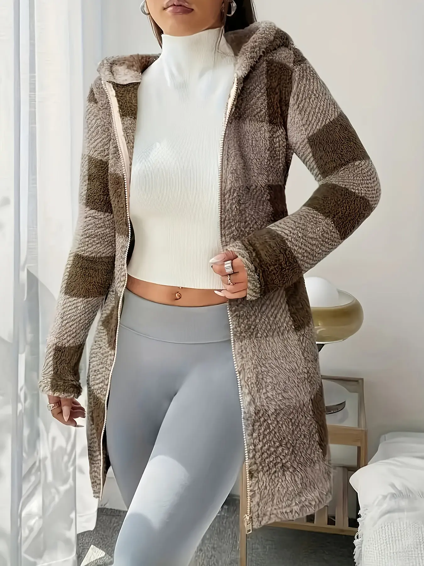 Women's Fall Winter Plaid Long Sleeve Zipper Hooded Jacket, Warm Casual Outerwear, Fashionable Hoodie Coat, Tops, Lady, Womenswear, Clothes