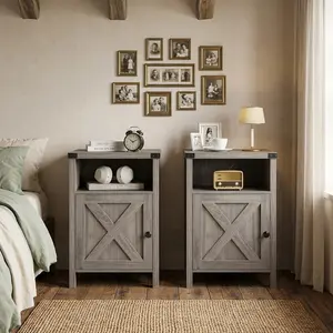 Set Of 2 Grey Farmhouse Nightstands, Wood Bedside Table With Cabinet And Open Shelf, Multifunctional Small Side End Table, Rustic Storage Nightstand For Bedroom Living Room Home Decor