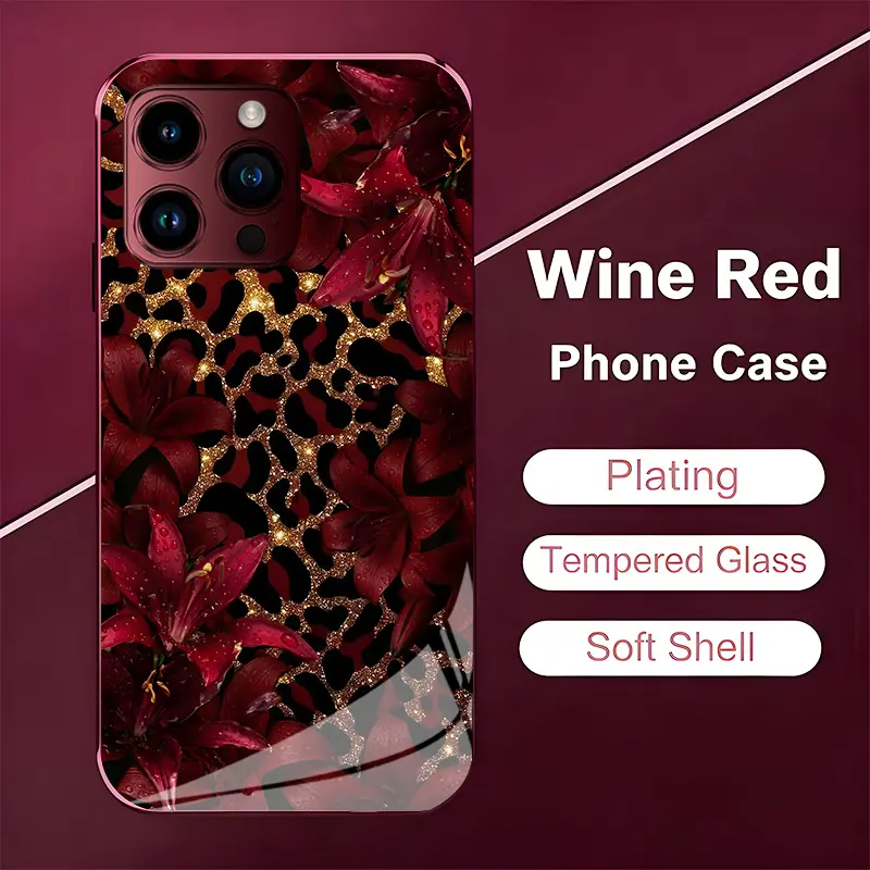 Mob Wife Aesthetic Wine Red Leopard Tempered Glass Case for iPhone 18 17 16 15 14 13 12 11 Pro Max/Galaxy S26 S25 S24 S23 S22 S21, Luxury Gold-Plated Glitter Cover ---952