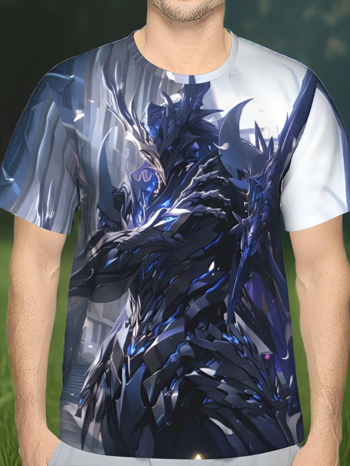 Men's 3D Digital Print Futuristic Armor Sci-Fi T-Shirt, Featuring a Insect Design with Dazzling Fluorescent Accents, Round Neck and Short Sleeves, Made of Lightweight and Breathable Polyester Fabric, Suitable Everyday Casual Wear A