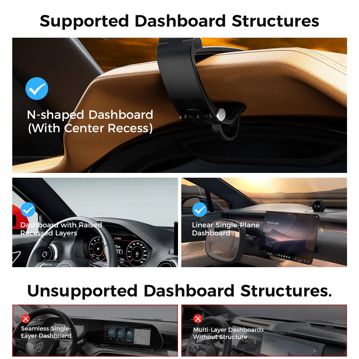 Supported and unsupported dashboard structures for magnetic phone holder