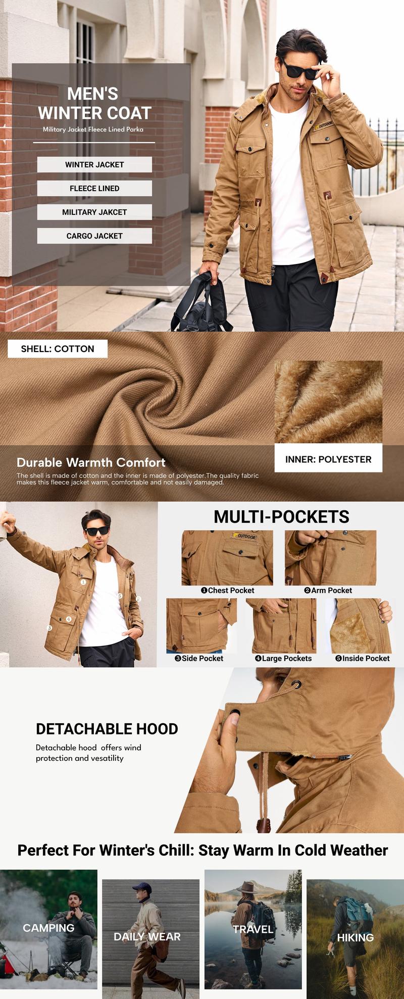 MAGCOMSEN Men's Winter Coat Jacket Fleece Lined Parka Cotton Cargo Jacket Menswear Tops Long Sleeve Warm Thermal Hoodie