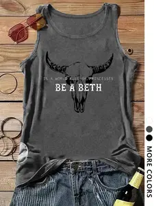 TikTok Viral "Be A Beth" Bull Skull Slim Fitted Tank Top for Women | Western Cowgirl Graphic Sleeveless Shirt | Soft | Casual Country Outfit for Rodeo, Concert, and Everyday Wear | Trendy Yellowstone-Inspired Fashion | Multiple Colors & Sizes Available