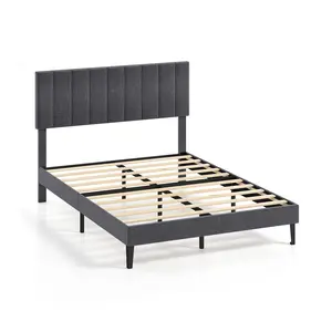 COSTWAY - Velvet Upholstered Platform Bed with Height Adjustable Vertical Channel Headboard-Full Size