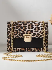 Women's Leopard Print Crossbody Bag with Gold Chain Strap & Lock Flap Closure