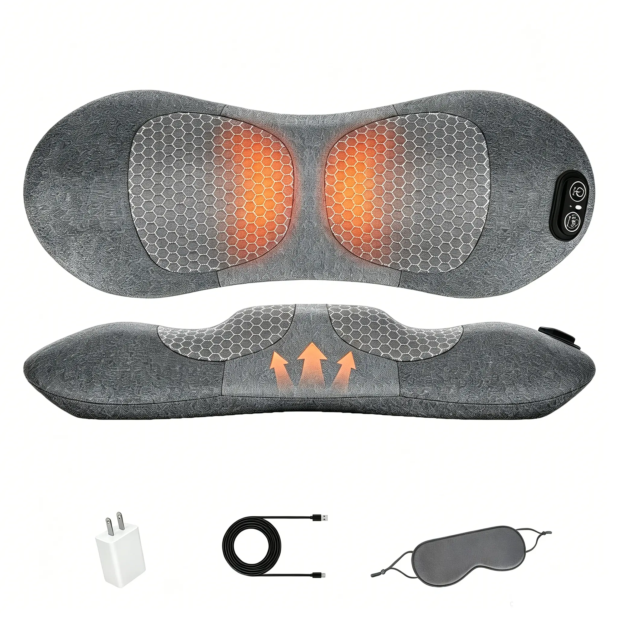 Rechargeable Ergonomic Back Support Pillow, Dual Zone Warm Heating & Gentle Vibration Massage Cushion, Curved Body Alignment Lumbar Pad for Sleeping, Working & Daily Muscle Relaxation