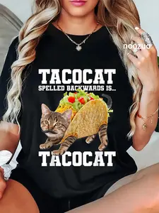 100% Cotton Unisex Taco Cat Spelled Backwards is Tacocat Meme Silly Cat Lover T-Shirt