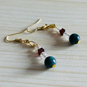 SCS-BWER1-011 Jade Tones Glow Drops Earrings with Deep Teal Gemstone Bead & Amber Crystal Accent Handmade Elegant Jewelry