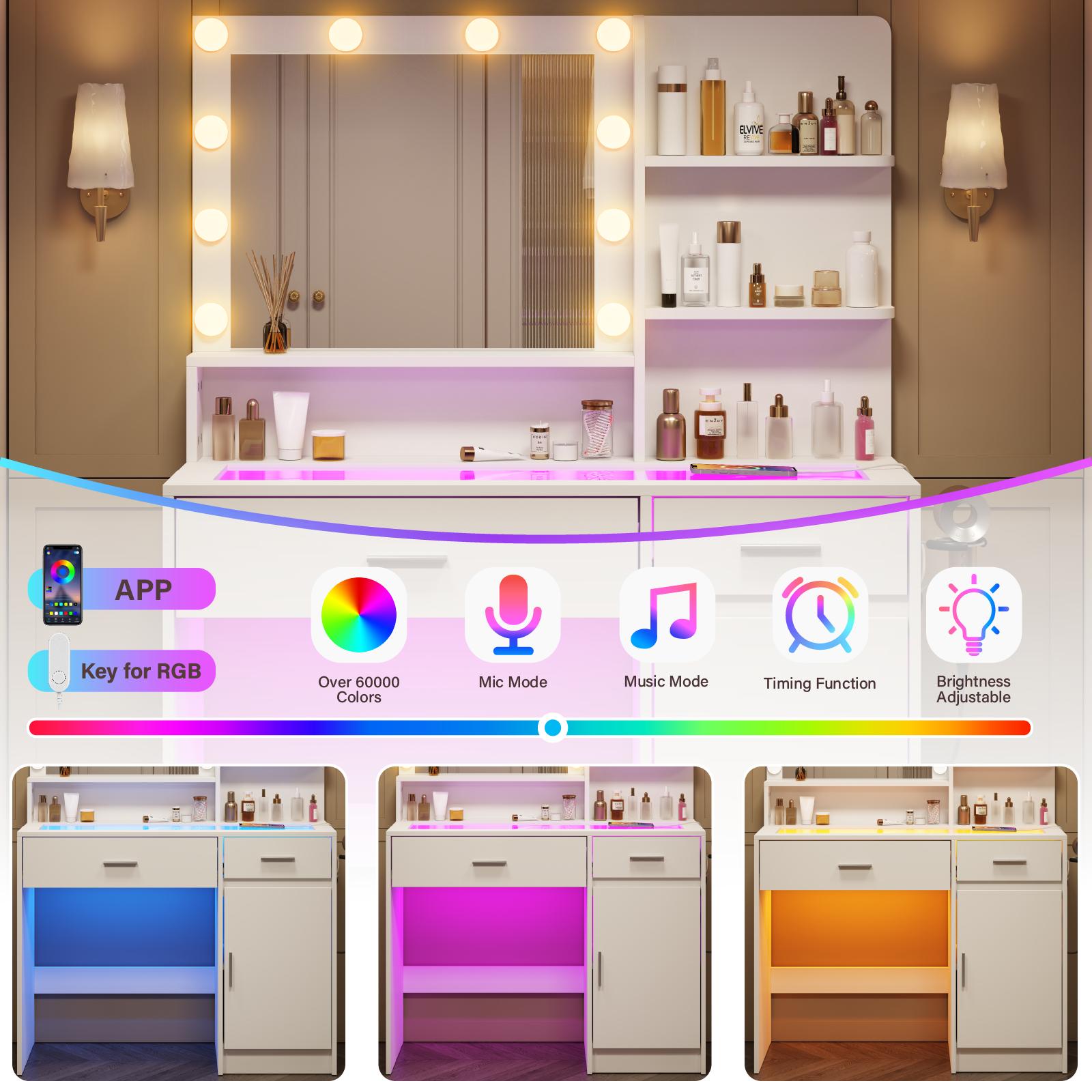 39" LED Vanity Desk with Mirror & Lights – Tempered Glass Top, 2 RGB Drawers & Built-in Power Outlet Vanitydesk 39" LED Vanity Desk with Mirror & Lights – Tempered Glass Top, 2 RGB Drawers & Built-in Power Outlet Vanitydesk