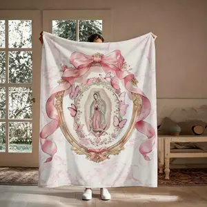 Our Lady of Guadalupe Pink Bow Frame Flannel Blanket, Super Soft Warm Cozy Throw for Bed & Sofa, Ideal Blanket Gifts for Feminine Catholic Fans with Colorful Design