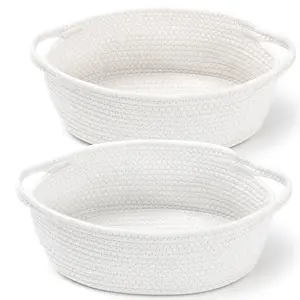 Small Woven Gift Basket with Bags & Ribbons – Decorative Cotton Rope Storage Basket with Handles, Empty Baby Gift Box for Nursery or Shelf, 12" x 8" x 5", White