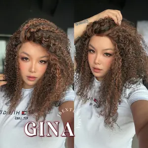 JBEXTENSION 16 Inches Deep Curly Black with Brown Highlight Pre-Cut Snowflake Lace Frontlace Glueless Wig GINA SNOWFLAKE【PERMATEASE】【BENDY EAR TABS】