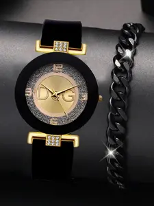 2-piece/set women's fashionable casual silicone quartz watch and personalized simple and versatile hip-hop Cuban thick chain unisex simple bracelet chain set Fashion Bracelets