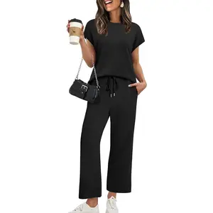 Women's Cap Sleeve Lounge Sets 2 Piece Travel Outfits Airport Tracksuits Wide Leg Loungewear S-3XL
