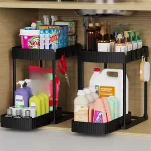Multi-Purpose Pull-Out Storage Organizers, Under Sink/Cabinet Organizers and Storage for Bathroom & Kitchen, Black, 12.8 Inches, 2 Packs