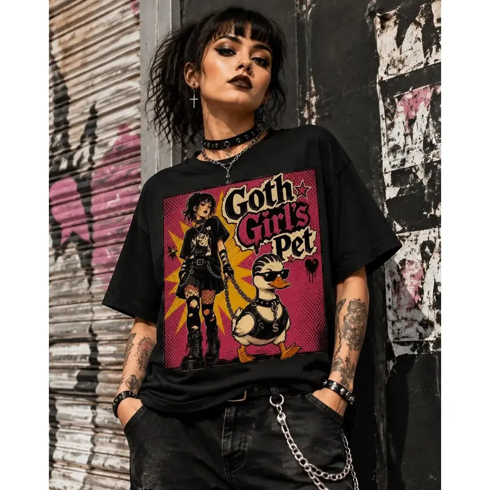 Goth Girl’s Pet Shirt, Funny Goth Girlfriend Duck Tee, Alternative Couple Humor T-Shirt, Emo Punk Pet Duck Graphic Gift