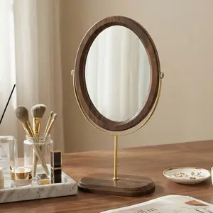 Rotating Makeup Mirror Desktop Wooden Frame New Chinese Style Vanity Mirror Minimalist Luxury Retro National Style for Dormitory Bedroom
