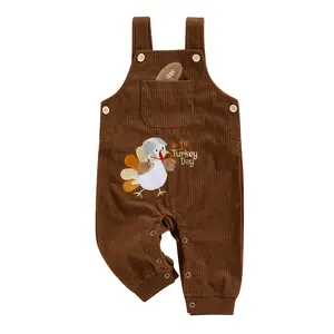 My First Thanksgiving Baby Girl Boy Outfits Turkey Embroidered Sleeveless Corduroy Romper Jumpsuit Fall Overalls