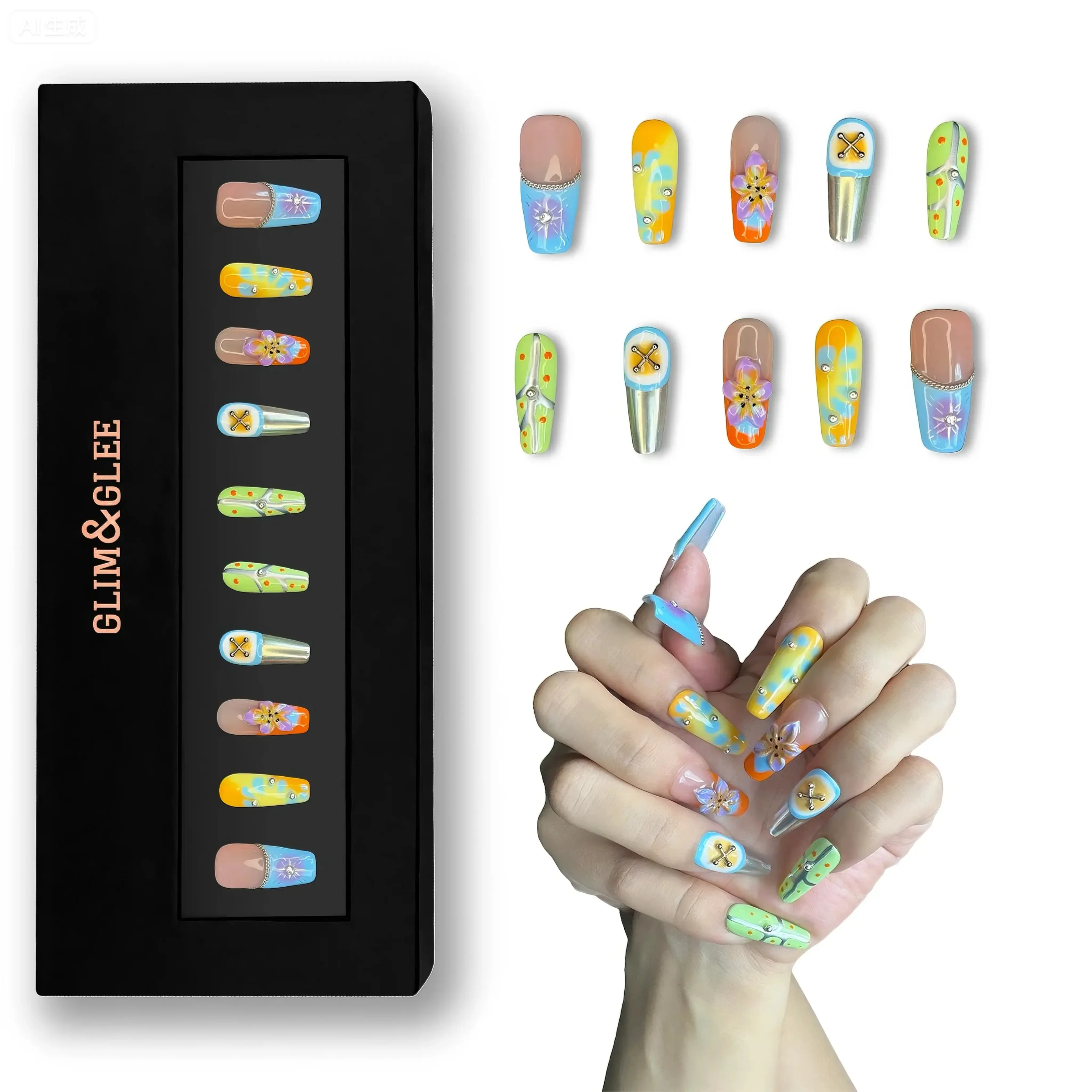 GLIM&GLEE Handmade Press-On Nails, Long Coffin Acrylic Fake Nails with 3D Floral, Metal Chain & Studs, Punk Zebra Print Design in Gift Box, Stylish Acrylic Nails