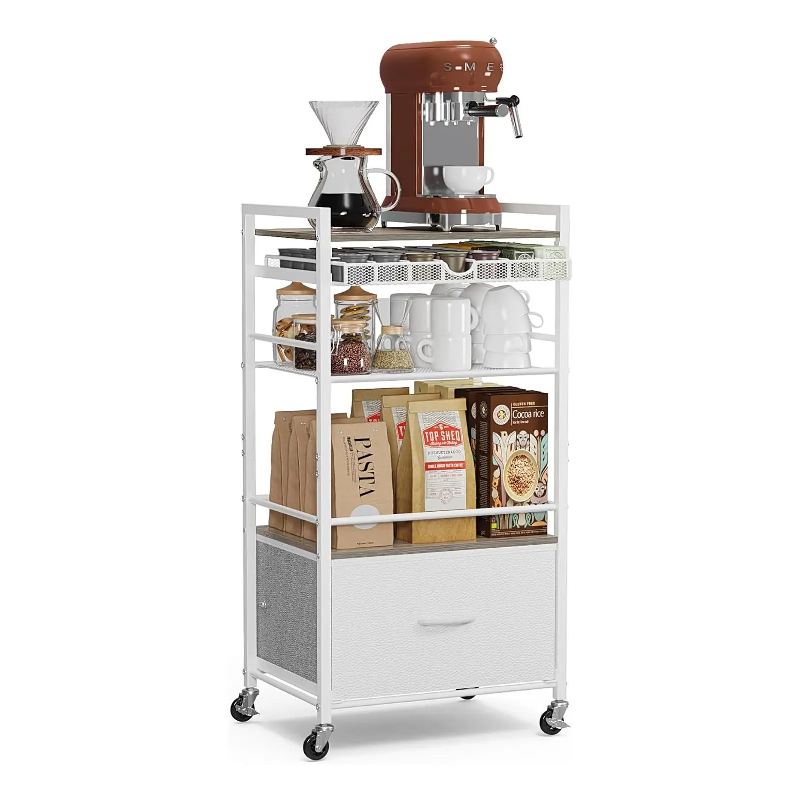 Coffee Bar Cabinet with Storage for Home Kitchen Office, 5 Tier Coffee Station Cart on Wheels, Modern Rolling Coffee Pod Holder Stand with Drawer for 42 K Cups, Lockable Casters, White Wood Metal Sideboard Rack