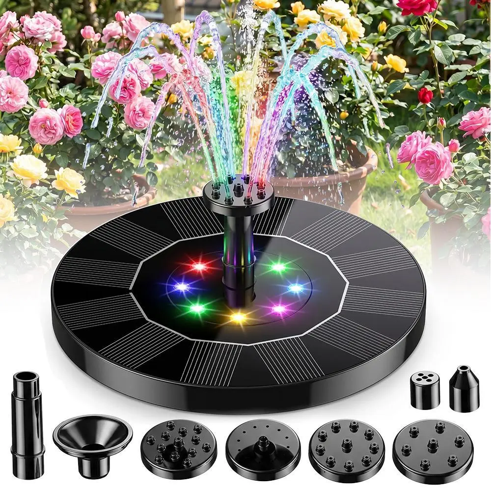 【BackToSchool】 RGB Solar Fountain, Solar Powered Bird Bath Fountain Pump with 4 Nozzles 1.5W Solar Panel Kit Water Pump, Outdoor Watering Submersible Pump for Pond, Pool, Garden, Fish Tank outdoorfun