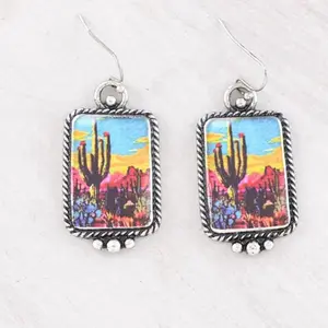 Colorful Cactus Desert Concho Earrings with Vibrant Sunset Design and Silver Tone Frame for Boho Style